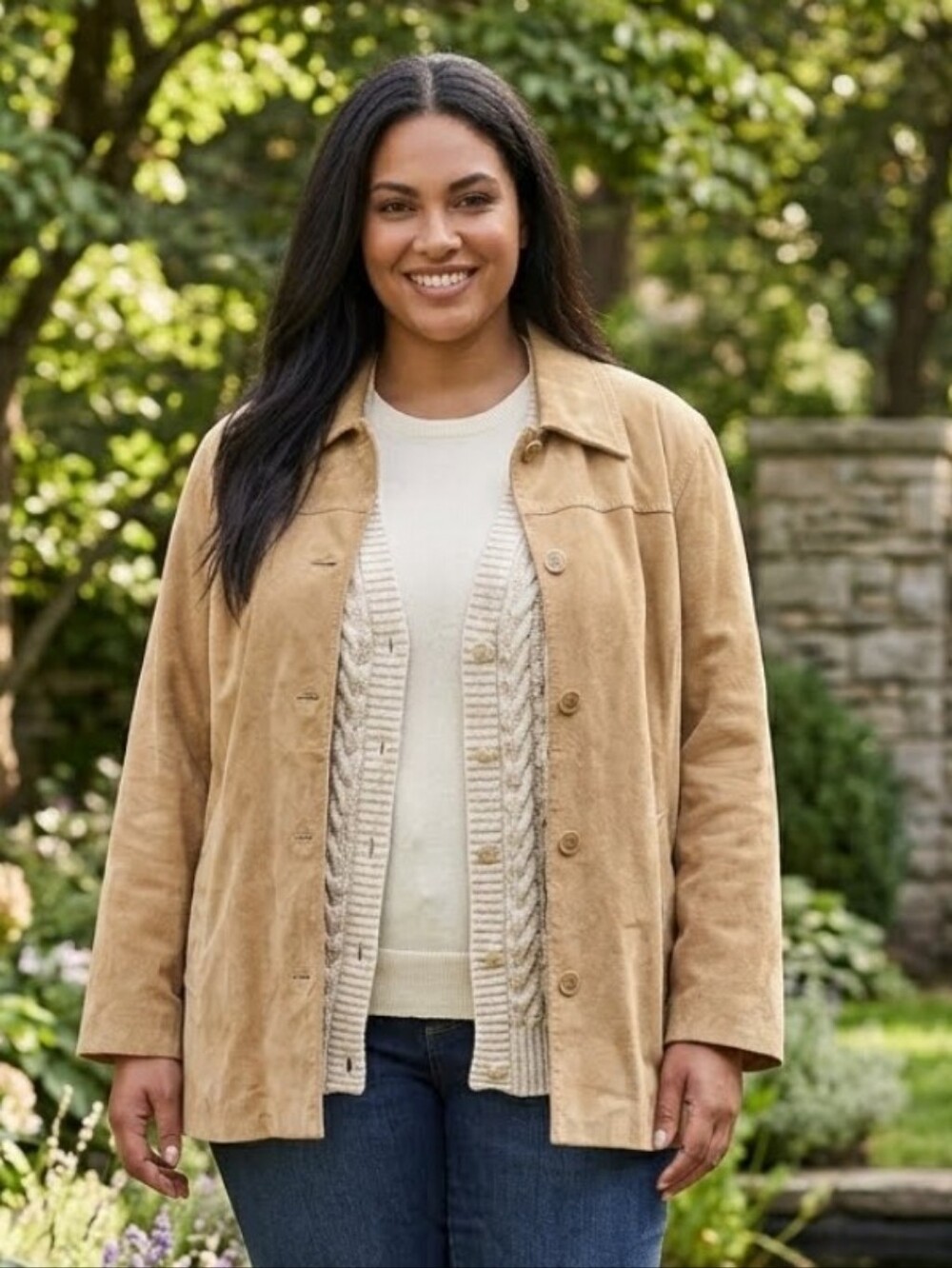 Jaclyn Smith Tan Suede Button-Front Boho Utility Barn Jacket Plus Size 3X